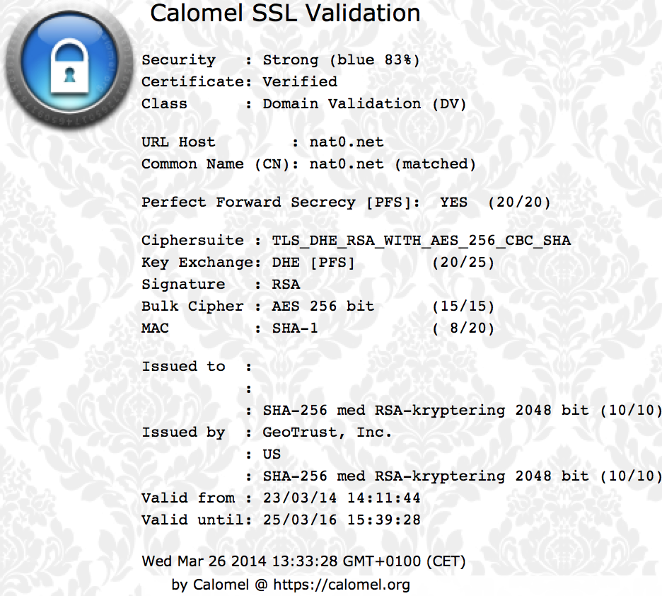 Output from the Firefox plugin "Calomel SSL Validation" 